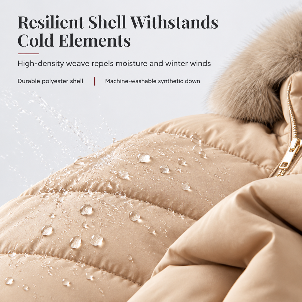 Women Mid-Length Slim Fit Winter Padded Coat with Large Fur Collar Outerwear