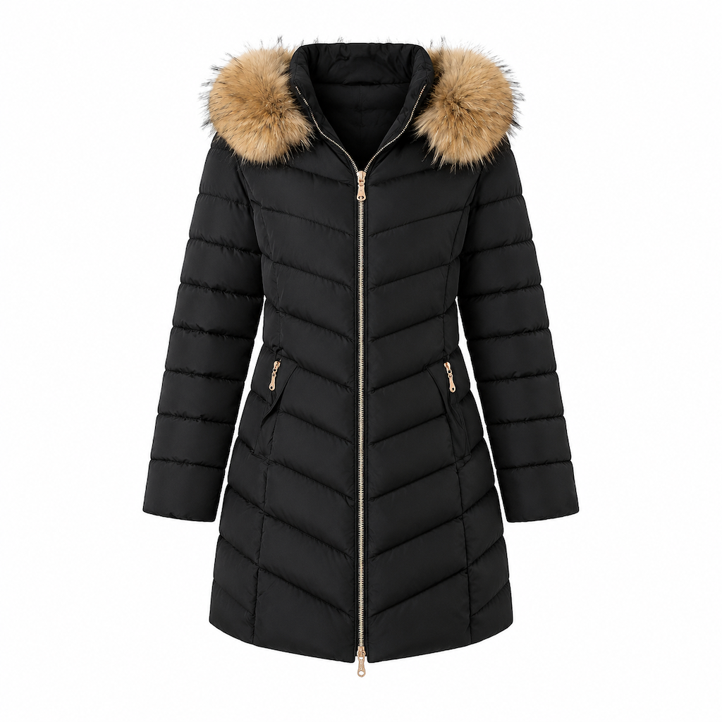 Women Mid-Length Slim Fit Winter Padded Coat with Large Fur Collar Outerwear