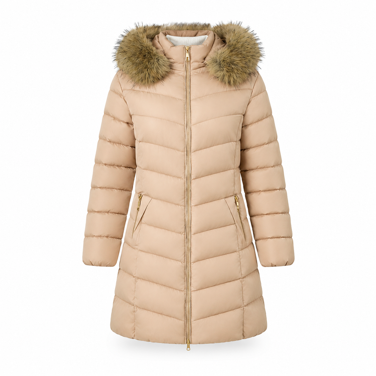 Women Mid-Length Slim Fit Winter Padded Coat with Large Fur Collar Outerwear