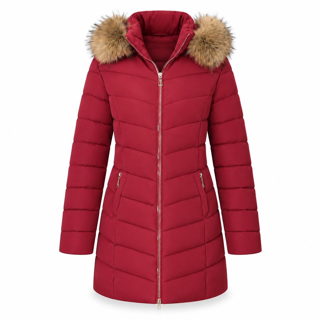Women Mid-Length Slim Fit Winter Padded Coat with Large Fur Collar Outerwear