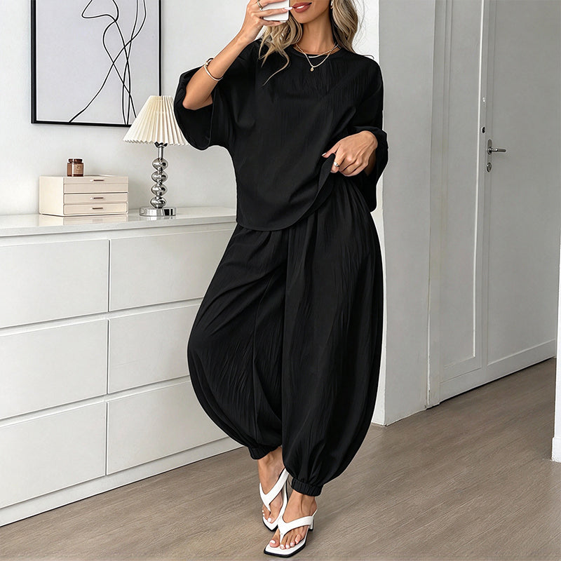 Women's Textured Batwing Sleeve Top & Lantern Pants Set