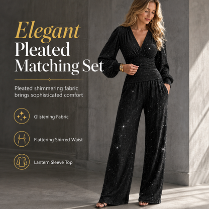 Women's Two Piece Outfit Fall Winter Deep V Neck Lantern Sleeve Pleated Top and Wide Leg Pants with Pockets