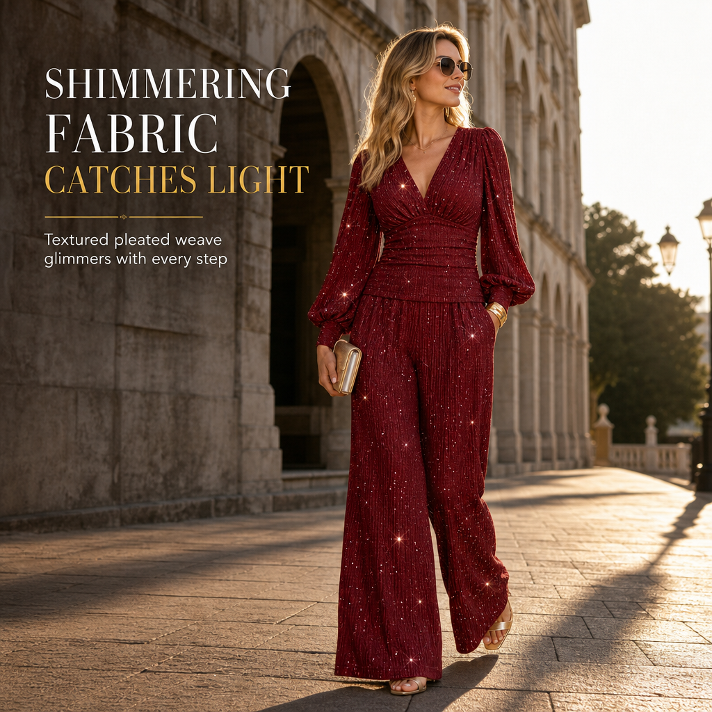 Women's Two Piece Outfit Fall Winter Deep V Neck Lantern Sleeve Pleated Top and Wide Leg Pants with Pockets