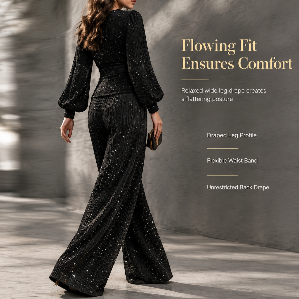 Women's Two Piece Outfit Fall Winter Deep V Neck Lantern Sleeve Pleated Top and Wide Leg Pants with Pockets