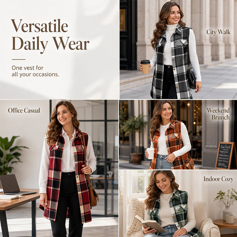 Women's Plaid Button Down Vest Shirt with Pockets