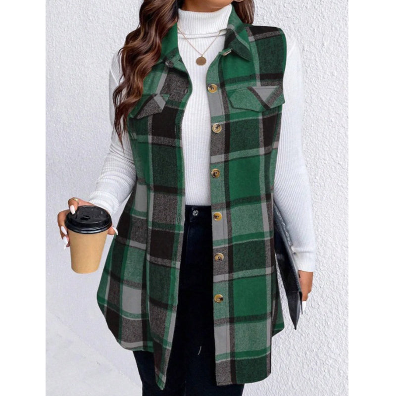 Women's Plaid Button Down Vest Shirt with Pockets