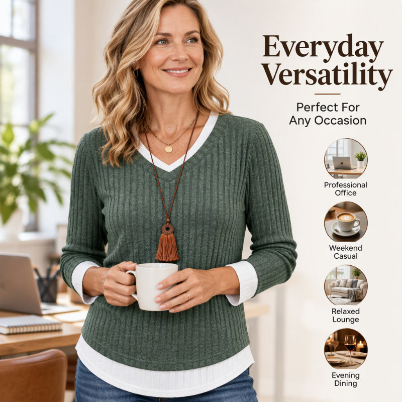 🌸Hot Sale 50% OFF💖Women's 2-in-1 Layered V-Neck Ribbed Knit Top