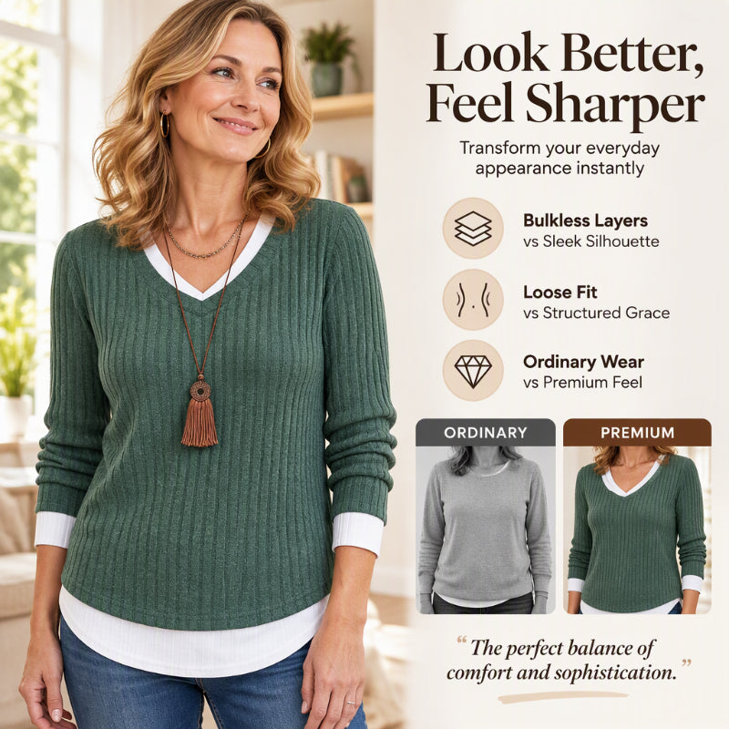 🌸Hot Sale 50% OFF💖Women's 2-in-1 Layered V-Neck Ribbed Knit Top