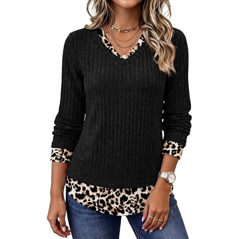 🌸Hot Sale 50% OFF💖Women's 2-in-1 Layered V-Neck Ribbed Knit Top
