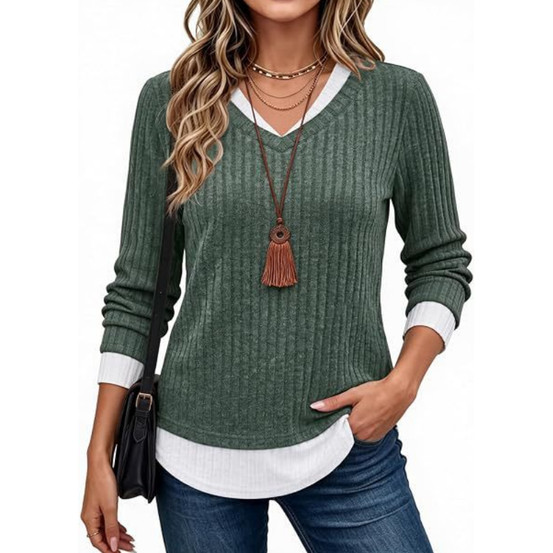 🌸Hot Sale 50% OFF💖Women's 2-in-1 Layered V-Neck Ribbed Knit Top