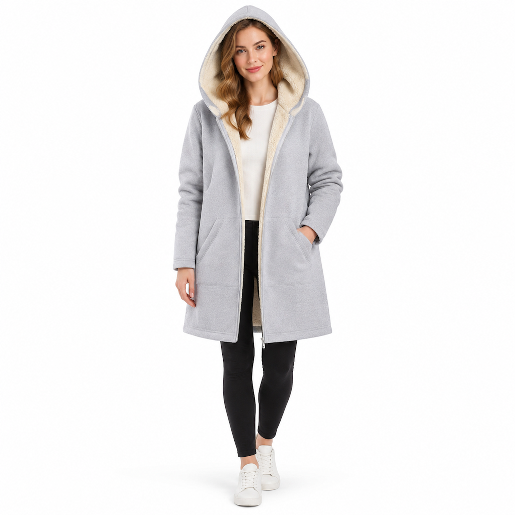 Women's Fabric Lined Hooded Warm Mid-Length Solid Color Long Sleeve Coat for Fall and Winter