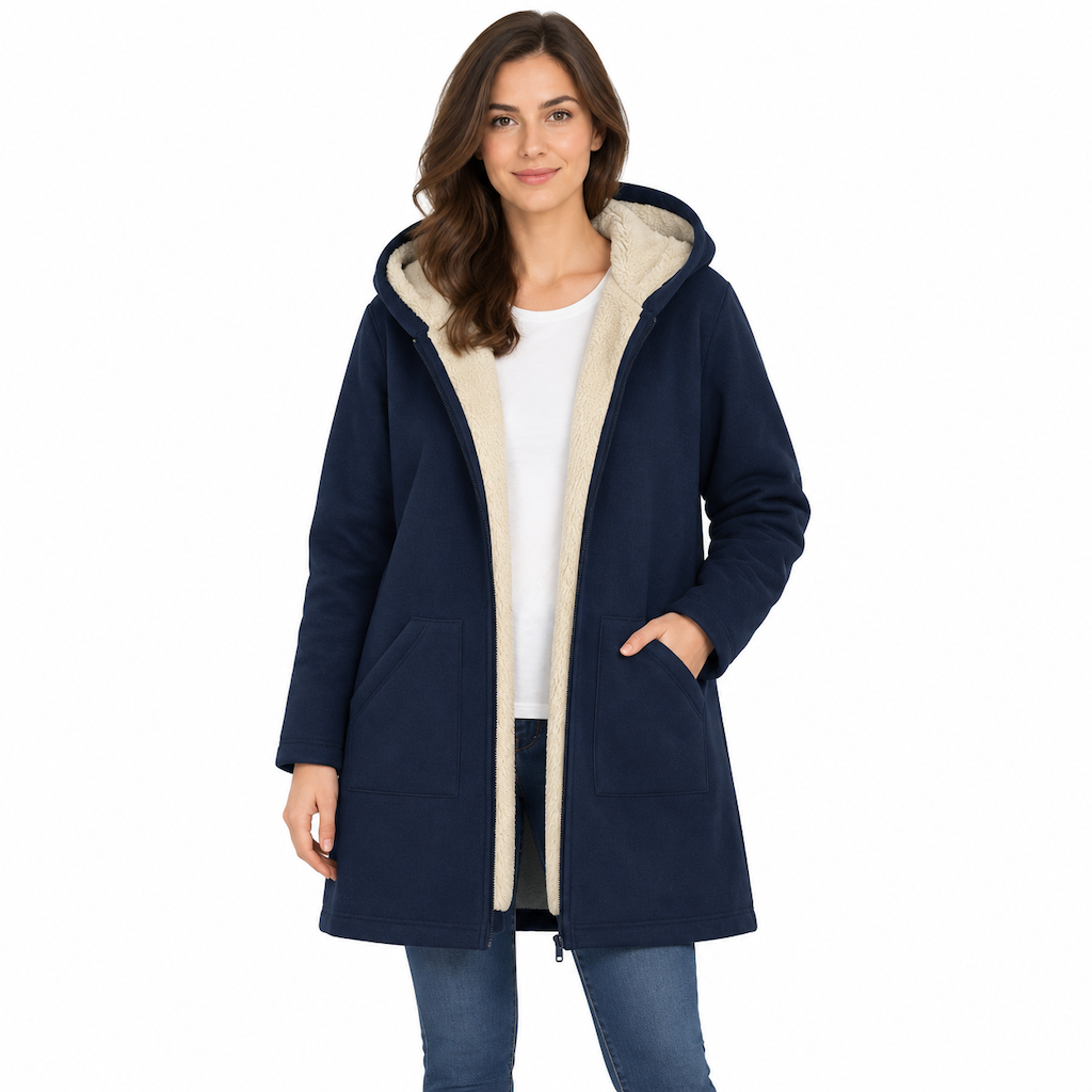 Women's Fabric Lined Hooded Warm Mid-Length Solid Color Long Sleeve Coat for Fall and Winter