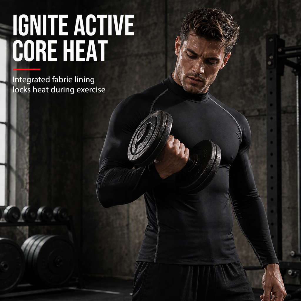 Men's Winter Thermal Fabric Lined Compression Long Sleeve T-Shirt High Neck Sports Running Training Base Layer