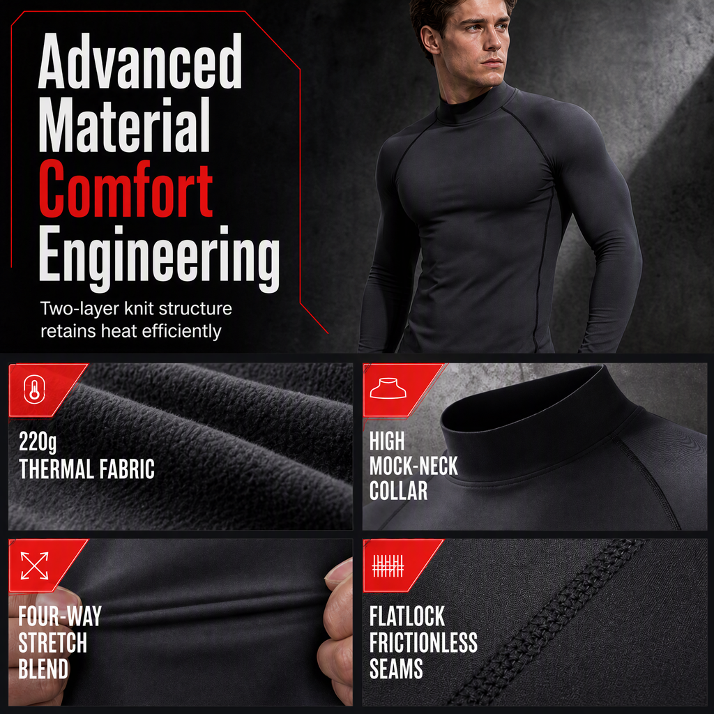 Men's Winter Thermal Fabric Lined Compression Long Sleeve T-Shirt High Neck Sports Running Training Base Layer