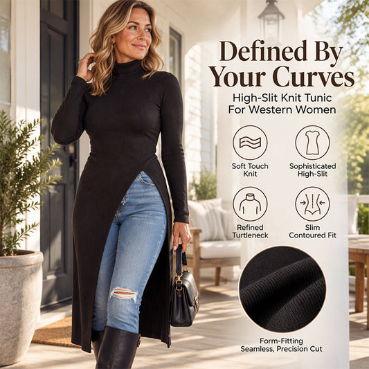 ✨ Defined By Your Curves: Women's High-Slit Knit Tunic with Turtleneck 👗