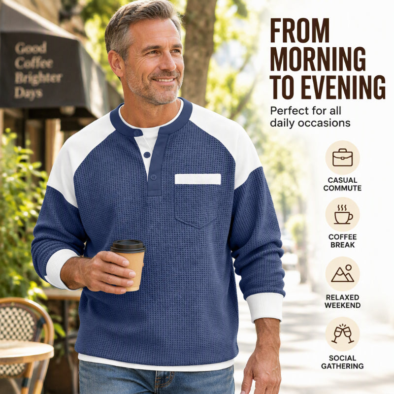 Men's Casual Color-Block Waffle Knit Henley Top