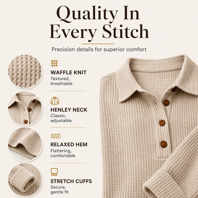 👚 Adjustable Neckline, Textured Comfort | Women's Waffle Knit Long Sleeve Henley Top