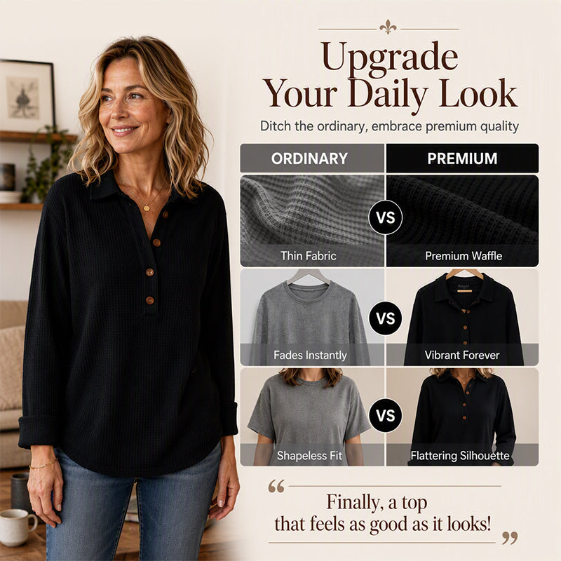 👚 Adjustable Neckline, Textured Comfort | Women's Waffle Knit Long Sleeve Henley Top