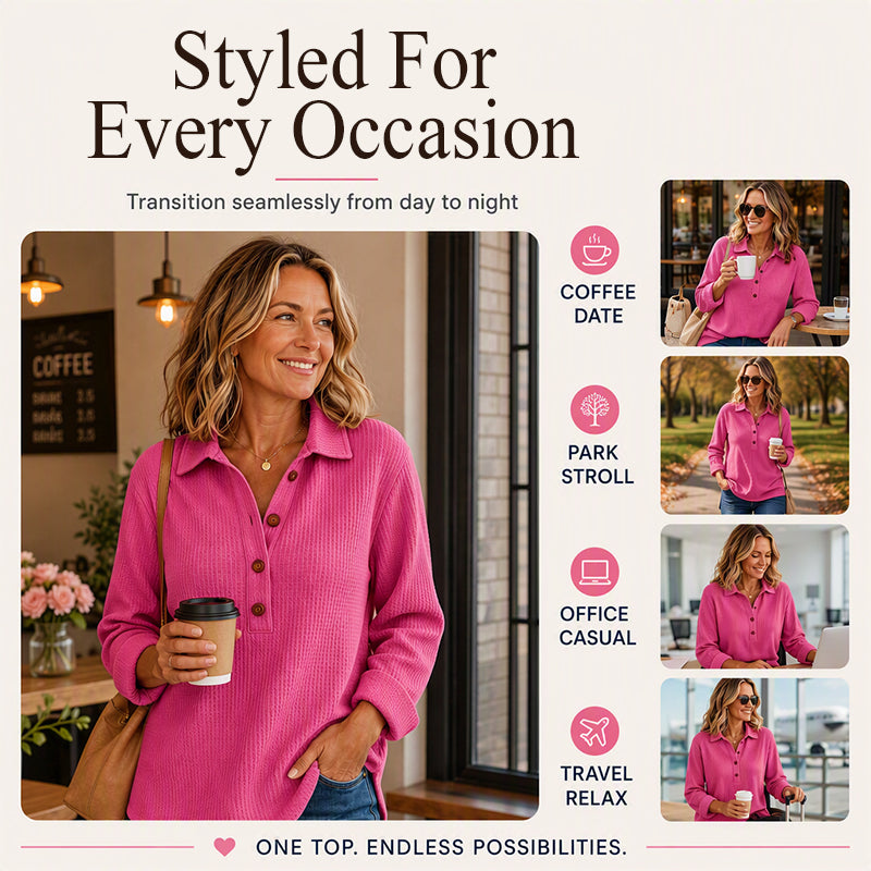 👚 Adjustable Neckline, Textured Comfort | Women's Waffle Knit Long Sleeve Henley Top