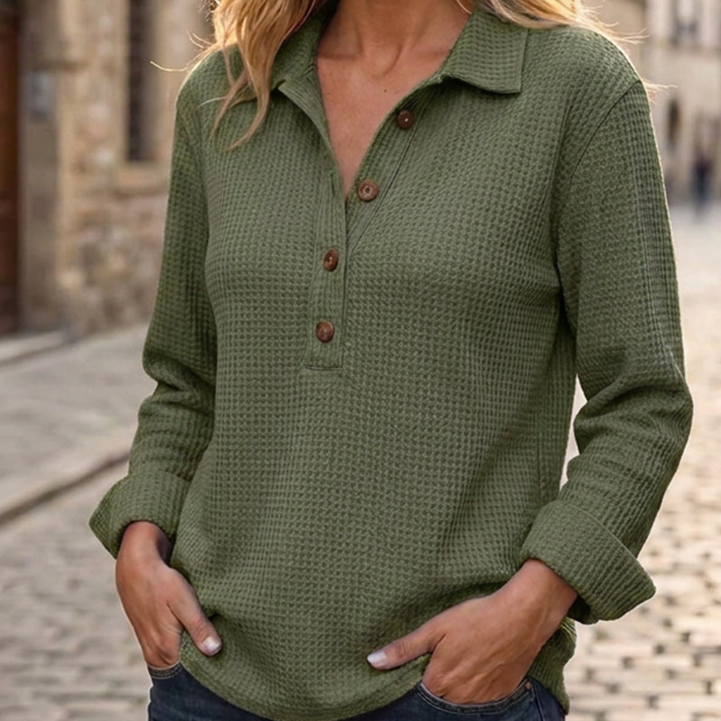 👚 Adjustable Neckline, Textured Comfort | Women's Waffle Knit Long Sleeve Henley Top
