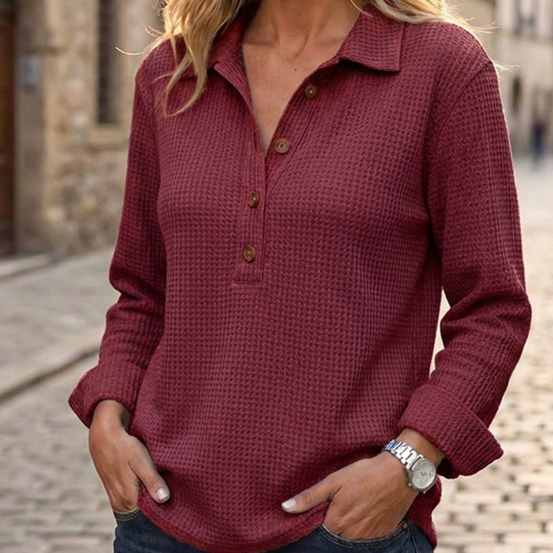 👚 Adjustable Neckline, Textured Comfort | Women's Waffle Knit Long Sleeve Henley Top