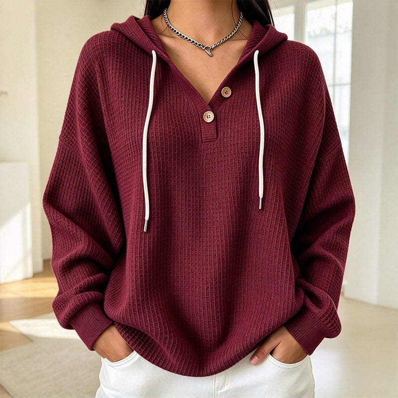 🧶 Textured Comfort, Cozy Head Coverage | Women's Waffle Knit Henley Hooded Sweatshirt