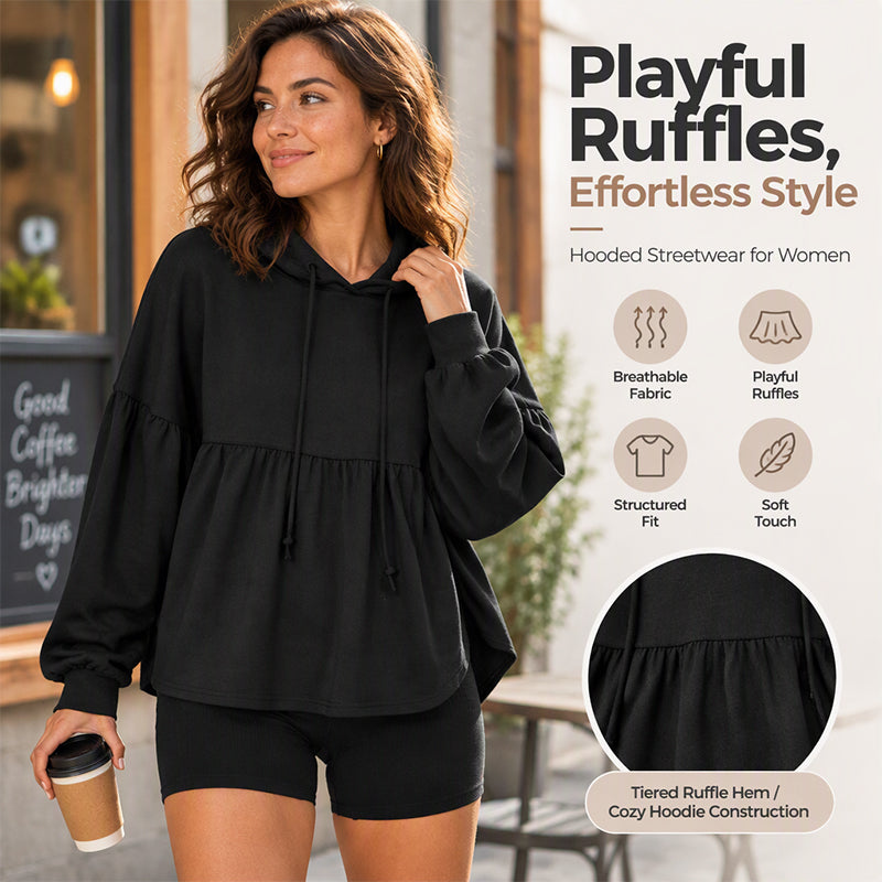 Women's Loose Ruffle Hem Hooded Sweatshirt