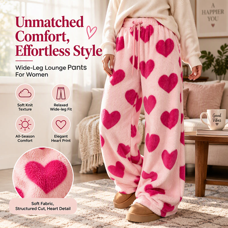 Women's Heart Print Plush Wide-Leg Pants