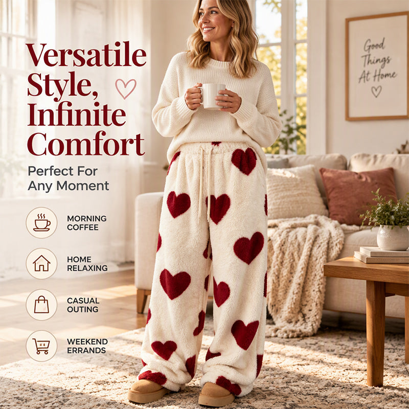Women's Heart Print Plush Wide-Leg Pants