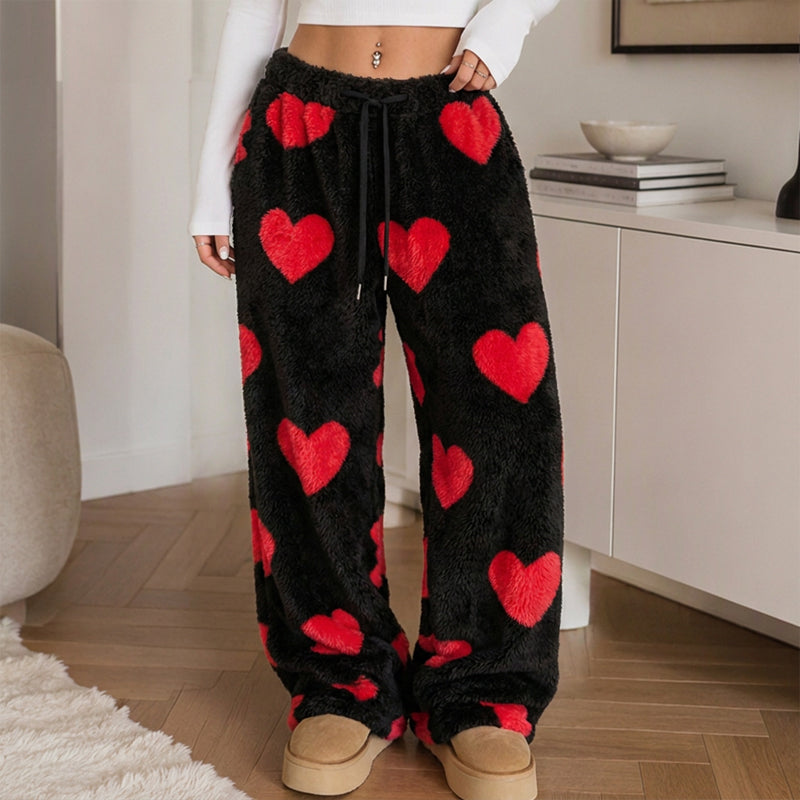 Women's Heart Print Plush Wide-Leg Pants