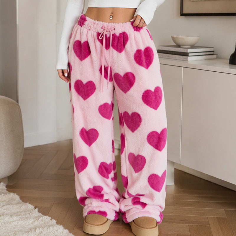Women's Heart Print Plush Wide-Leg Pants